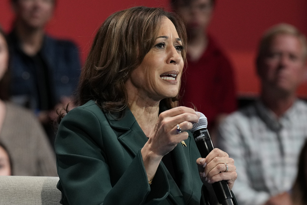 President Kamala Harris speaks during a town hall at Sharon Lynne Wilson Center for the Arts in Brookfield, Wisc., Monday, Oct. 21, 2024. (AP Photo/Jacquelyn Martin)