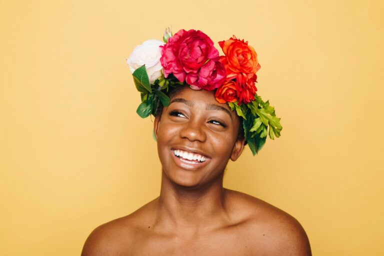 teeth, woman smiling wearing flower crown