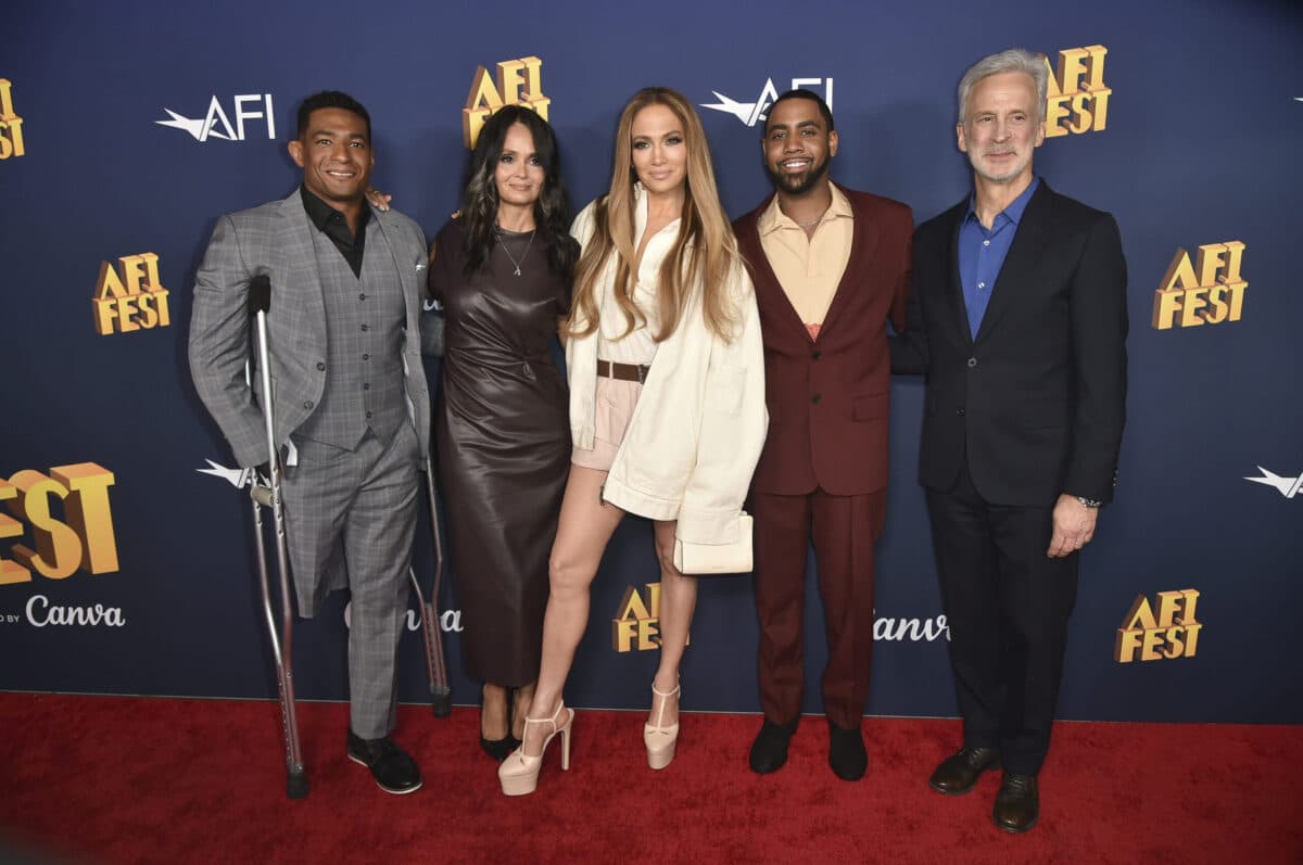 Anthony Robles, from left, Judy Robles, Jennifer Lopez, Jharrel Jerome and William Goldenberg pose during the AFI Fest photo op for "Unstoppable" on Saturday, Oct. 26, 2024, at TCL Chinese Theatre in Los Angeles. (Photo by Richard Shotwell/Invision/AP)