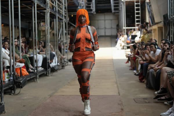 A model wears a creation from the As Marias collection at the Oficina Theater during Sao Paulo Fashion Week in Sao Paulo, Brazil, Friday, Oct. 18, 2024. (AP Photo/Andre Penner)