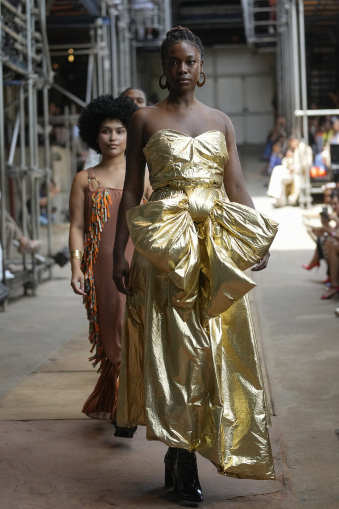 A model wears a creation from the As Marias collection at the Oficina Theater during Sao Paulo Fashion Week in Sao Paulo, Brazil, Friday, Oct. 18, 2024. (AP Photo/Andre Penner)