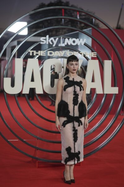 Spanish actress Ursula Corbero poses for photos on the red carpet at the "The Day of the Jackal" premiere in London, Tuesday, Oct. 22, 2024. (AP Photo/Kin Cheung)