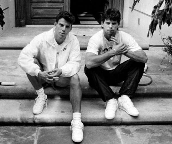BEVERLY HILLS, CALIF. - NOV. 30, 1989 - Menendez brothers, Erik, left, and Lyle on the steps of their Beverly Hills home in November, 1989. (Ronald L. Soble / Los Angeles Times via Getty Images)