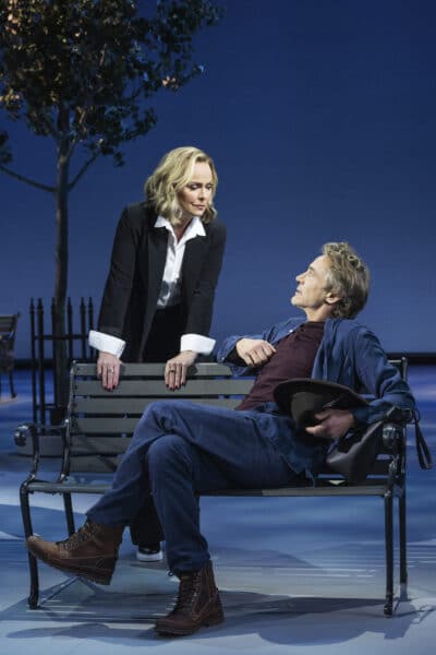 Melora Hardin, left, and Robert Downey Jr. appear during a performance of "McNeal," in New York. (Matthew Murphy and Evan Zimmerman via AP)