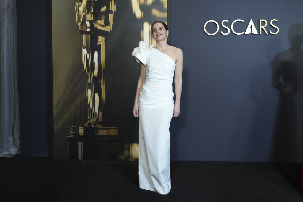 Felicity Jones arrives at the 15th Governors Awards on Sunday, Nov. 17, 2024, at The Ray Dolby Ballroom in Los Angeles.