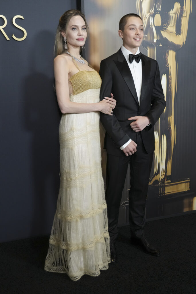 Angelina Jolie, left, and Knox Leon Jolie-Pitt arrive at the 15th Governors Awards on Sunday, Nov. 17, 2024, at The Ray Dolby Ballroom in Los Angeles. 