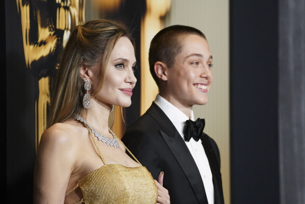 Angelina Jolie, left, and Knox Leon Jolie-Pitt arrive at the 15th Governors Awards on Sunday, Nov. 17, 2024, at The Ray Dolby Ballroom in Los Angeles. 