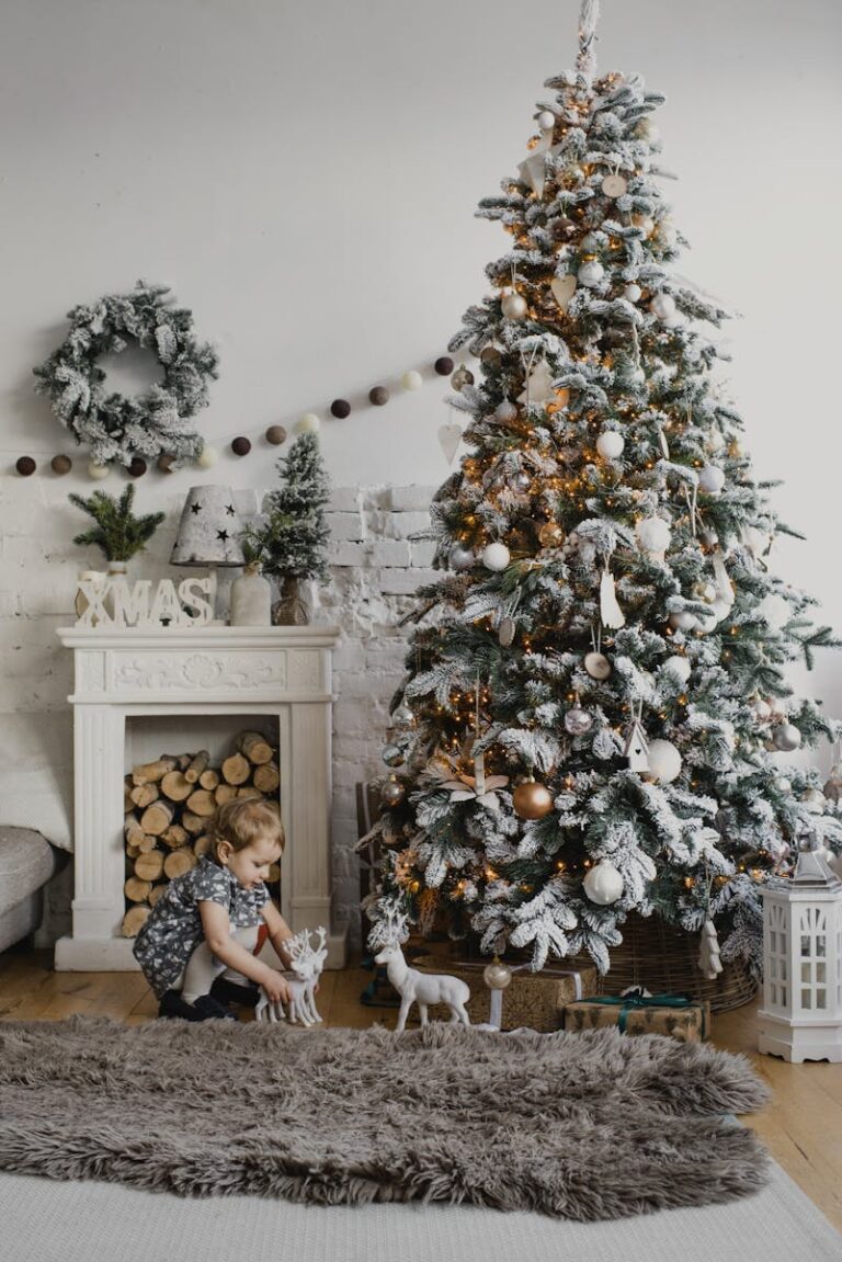 10 Christmas Traditions You Can Do With Your Children Charming indoor Christmas scene with a decorated tree and child by a cozy fireplace.