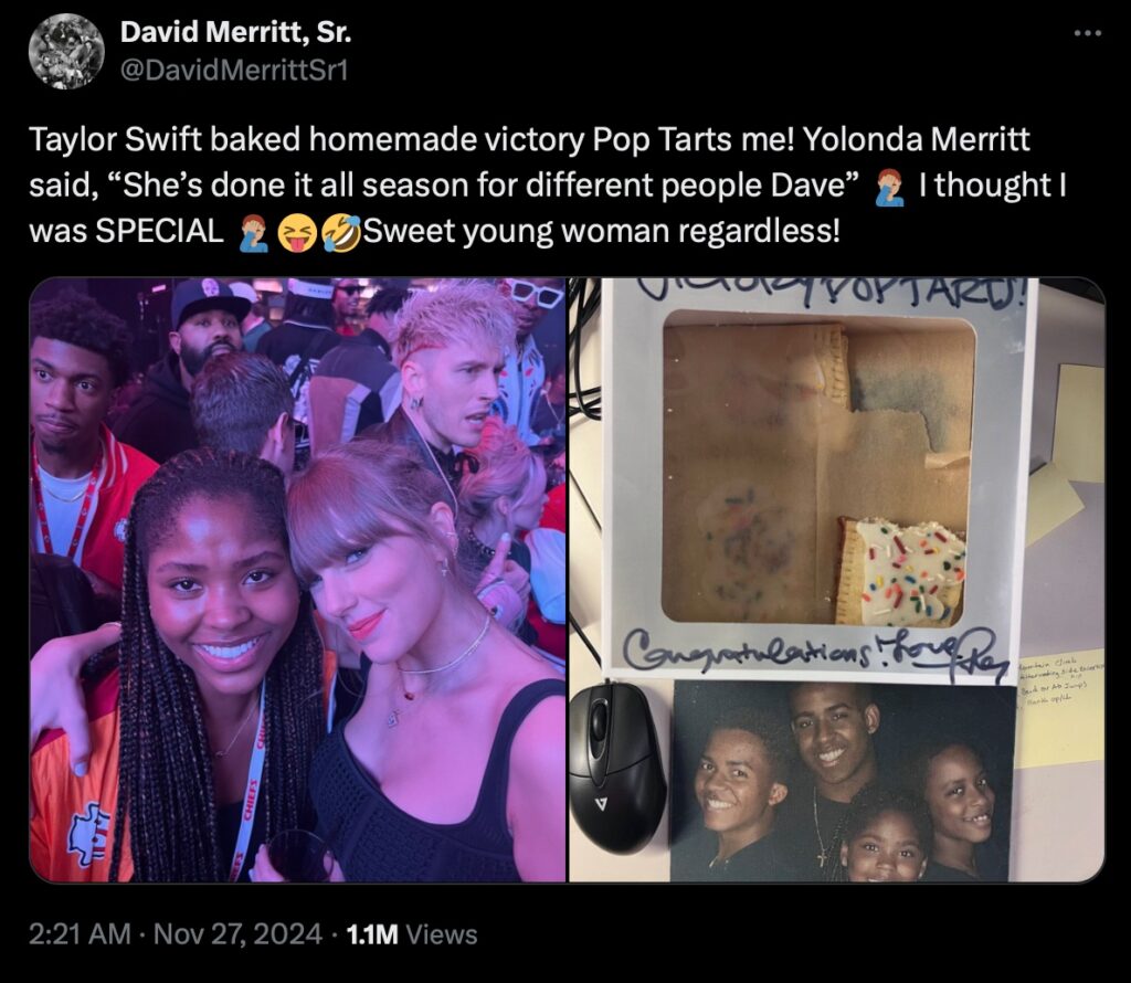 “Taylor Swift baked homemade victory Pop-Tarts me!” The NFL coach wrote on X (Photo: DAVID MERRITT SR
@DavidMerrittSr1 on X)