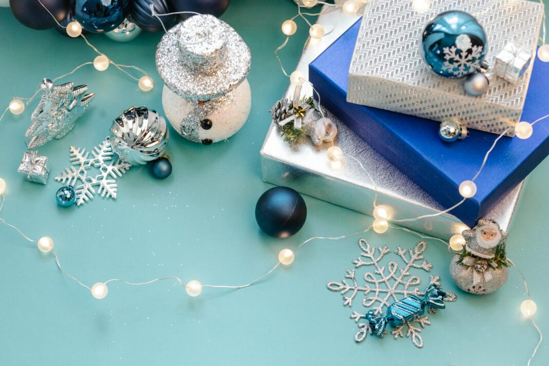 japanese gift wrap, A vibrant overhead view of Christmas decorations and gift boxes, perfect for festive celebrations.