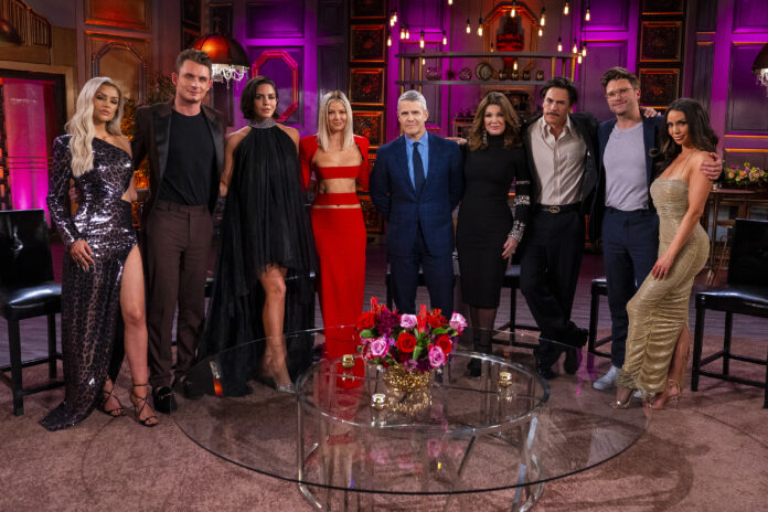 VANDERPUMP RULES -- "Reunion" -- Pictured: (l-r) Lala Kent, James Kennedy, Katie Maloney, Ariana Madix, Andy Cohen, Lisa Vanderpump, Tom Sandoval, Tom Schwartz, Scheana Shay -- (Photo by: Nicole Weingart/Bravo via Getty Images)
