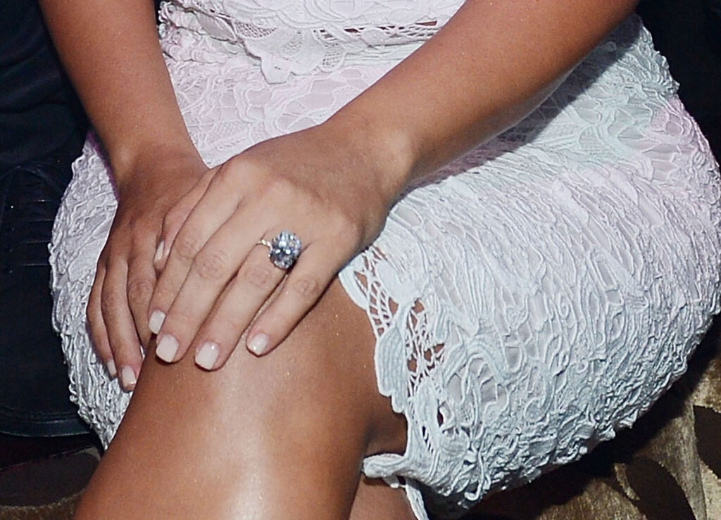LAS VEGAS, NV - OCTOBER 25: (EXCLUSIVE COVERAGE) Kim Kardashian (engagement ring detail) celebrate Kim Kardashian's 33rd birthday at Tao Las Vegas on October 25, 2013 in Las Vegas, Nevada. (Photo by Denise Truscello/WireImage)