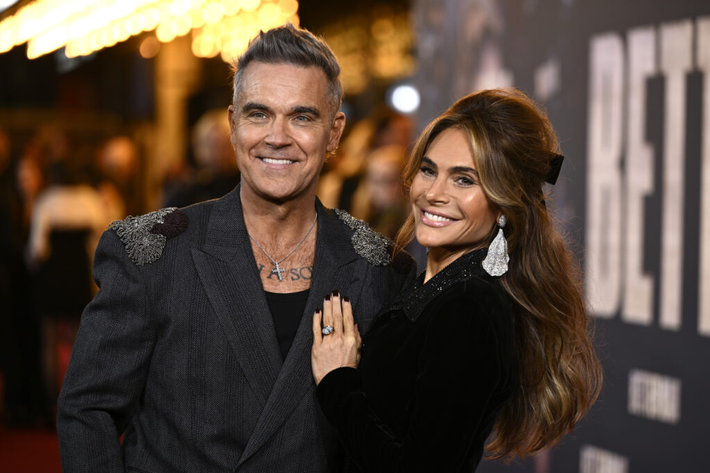 LONDON, ENGLAND - NOVEMBER 27: Robbie Williams and Ayda Field attend the "Better Man" European Premiere at the Odeon Luxe Leicester Square on November 27, 2024 in London, England. (Photo by Gareth Cattermole/Getty Images)