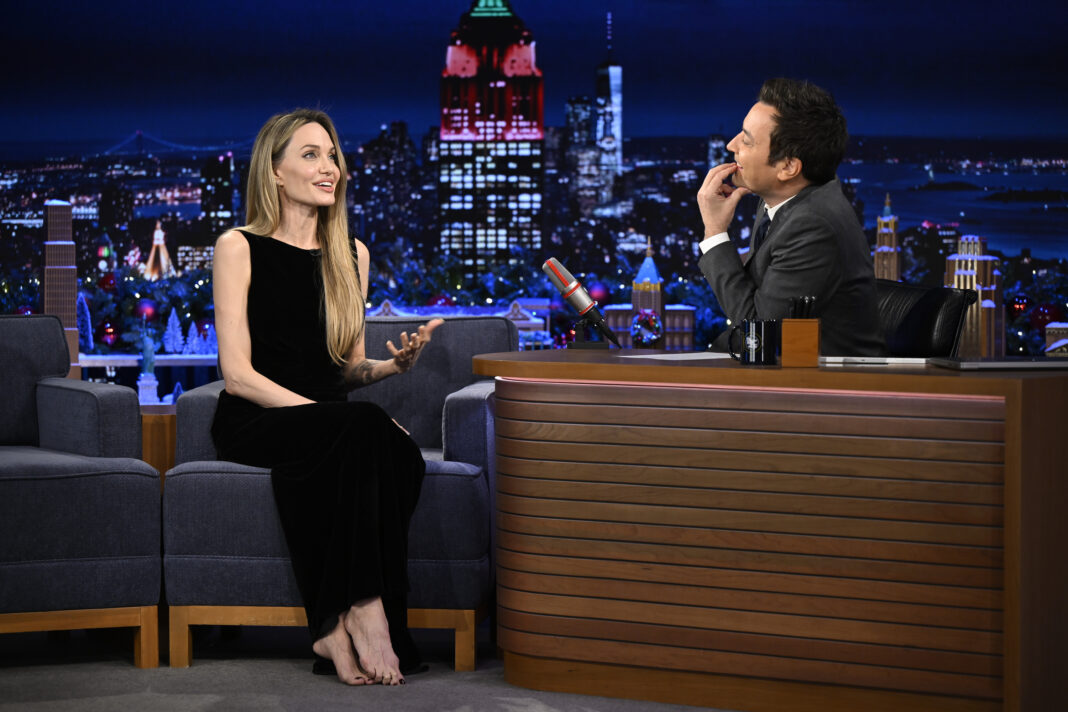 THE TONIGHT SHOW STARRING JIMMY FALLON -- Episode 2064 -- Pictured: (l-r) Actress Angelina Jolie during an interview with host Jimmy Fallon on Thursday, December 5, 2024 -- (Photo by: Todd Owyoung/NBC via Getty Images)