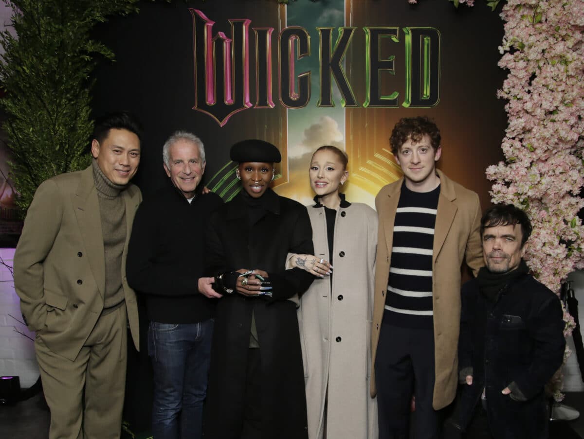 NEW YORK, NEW YORK - DECEMBER 03: (L-R) Director, Jon M. Chu, Producer, Marc Platt, Ariana Grande, Cynthia Erivo, Ethan Slater and Peter Dinklage attend as Universal Pictures presents special New York City WICKED Screening at Metrograph on December 03, 2024 in New York City. (Photo by Santiago Felipe/Getty Images for Universal Pictures)