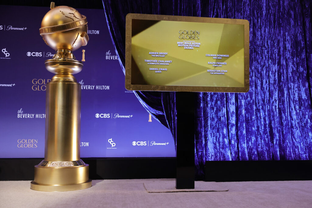 BEVERLY HILLS, CALIFORNIA - DECEMBER 09: A view of the screen showing the nominees for Best Male Actor in a Motion Picture – Drama at the 82nd Annual Golden Globes Nominations announcement and Media Preview event at The Beverly Hilton on December 09, 2024 in Beverly Hills, California. (Photo by Kevin Winter/Getty Images)