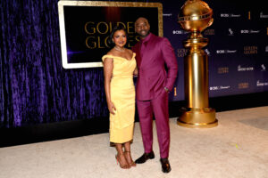 BEVERLY HILLS, CALIFORNIA - DECEMBER 09: (L-R) Mindy Kaling and Morris Chestnut pose onstage at the 82nd Annual Golden Globes Nominations Announcement at The Beverly Hilton on December 09, 2024 in Beverly Hills, California. (Photo by Maya Dehlin Spach/FilmMagic)