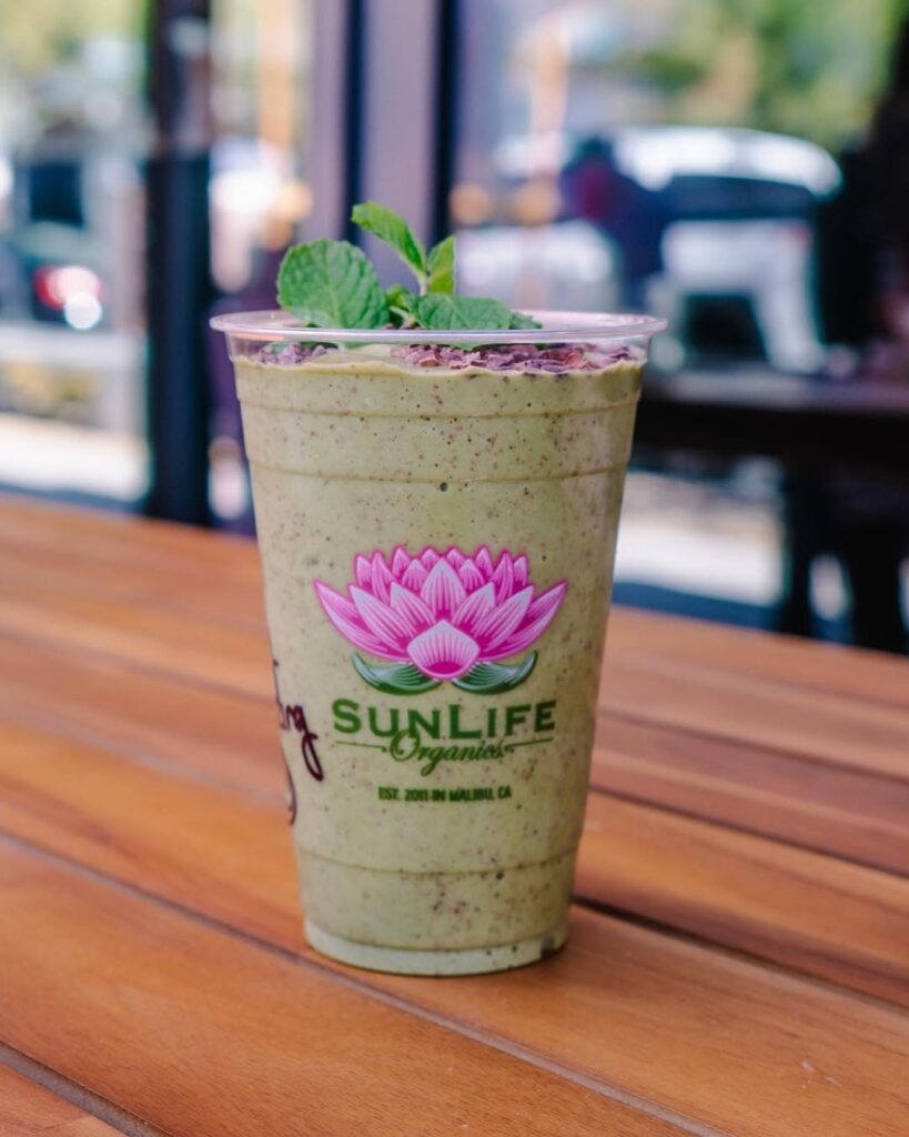Mint Chocolate Chip Banana, raw vanilla plant protein, raw almond butter, Himalayan sea salt, raw cacao nibs, mint, raw rescue honey, spinach & hemp milk