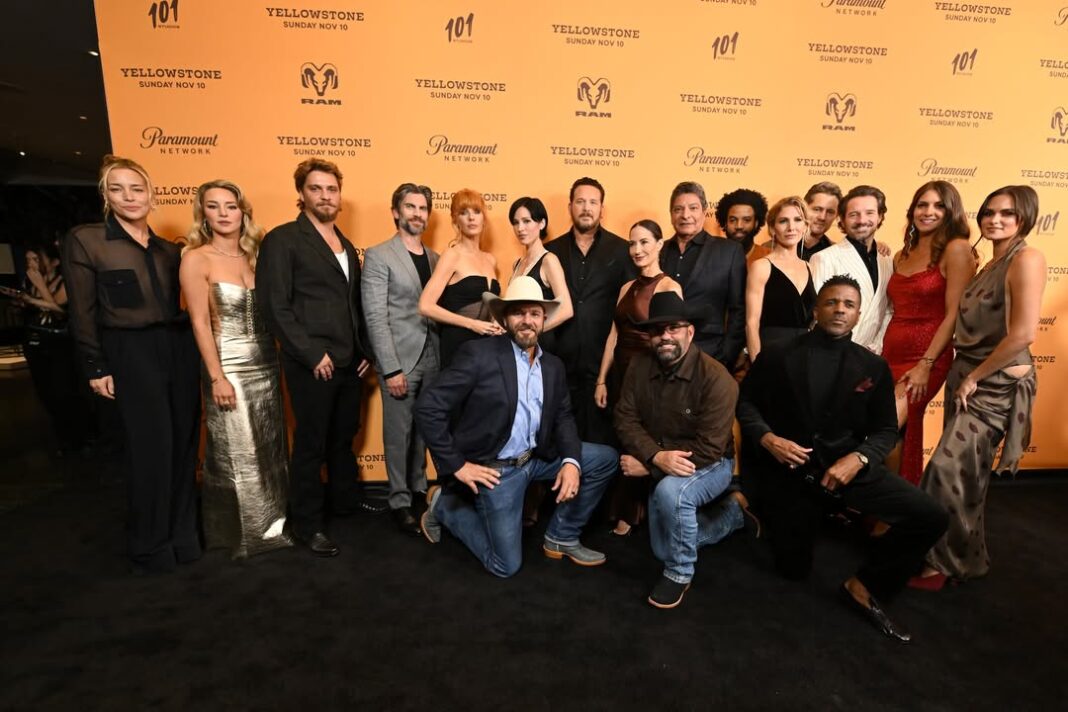 NEW YORK, NEW YORK - NOVEMBER 07: (L-R) Piper Perabo, Hassie Harrison, Luke Grimes, Wes Bentley, Kelly Reilly, Ethan Lee, Kelsey Asbille, Cole Hauser, Wendy Moniz, Gil Birmingham, Denim Richards, Jen Landon, John Emmet Tracy, Ian Bohen, Dawn Olivieri, Rob Kirkland and Kathryn Kelly attend Paramount Network's 