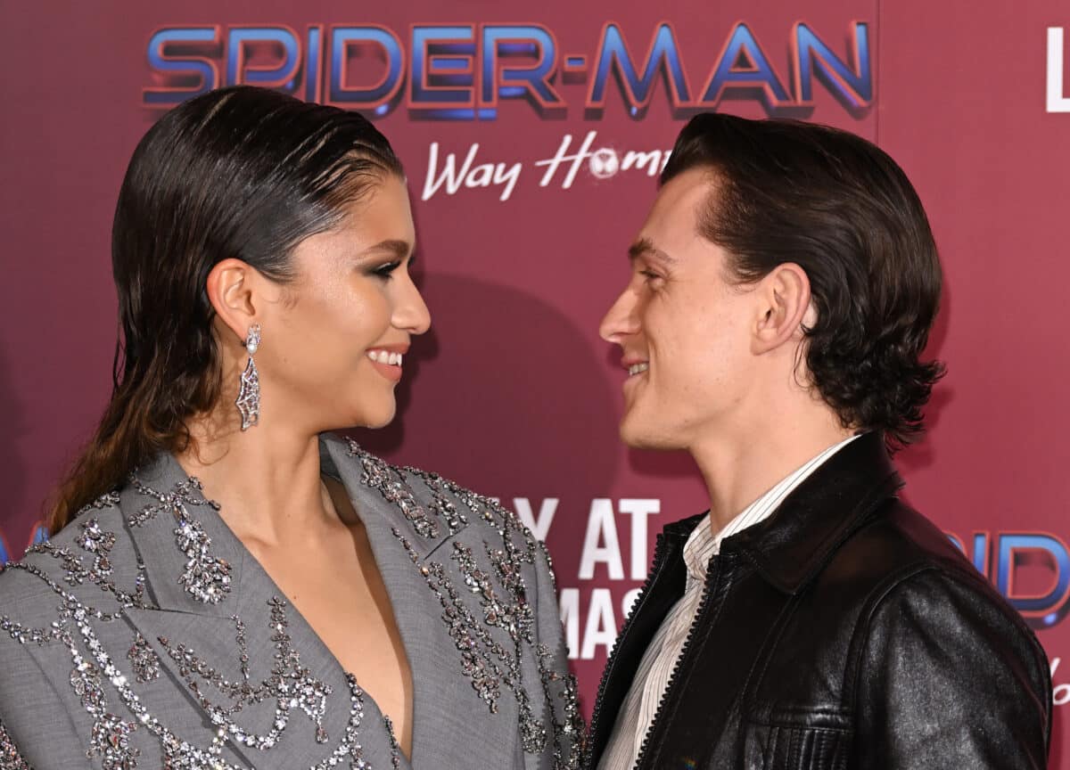 LONDON, ENGLAND - DECEMBER 05: Zendaya and Tom Holland attend a photocall for "Spiderman: No Way Home" at The Old Sessions House on December 05, 2021 in London, England. (Photo by Karwai Tang/WireImage)