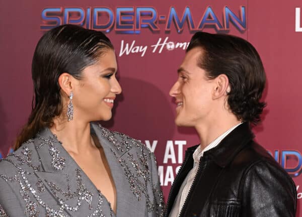 LONDON, ENGLAND - DECEMBER 05: Zendaya and Tom Holland attend a photocall for "Spiderman: No Way Home" at The Old Sessions House on December 05, 2021 in London, England. (Photo by Karwai Tang/WireImage)