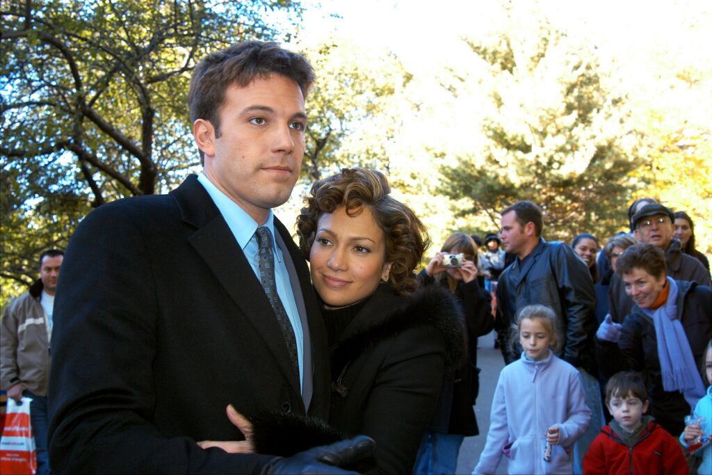 UNITED STATES - NOVEMBER 07: Jennifer Lopez embraces Ben Affleck in an off-camera love scene in Central Park, where they were filming their new flick, "Jersey Girl." Lopez, reportedly due to announce her engagement to Affleck soon, snuggled up to Ben after he finished a scene she wasn't in. (Photo by Richard Corkery/NY Daily News Archive via Getty Images)