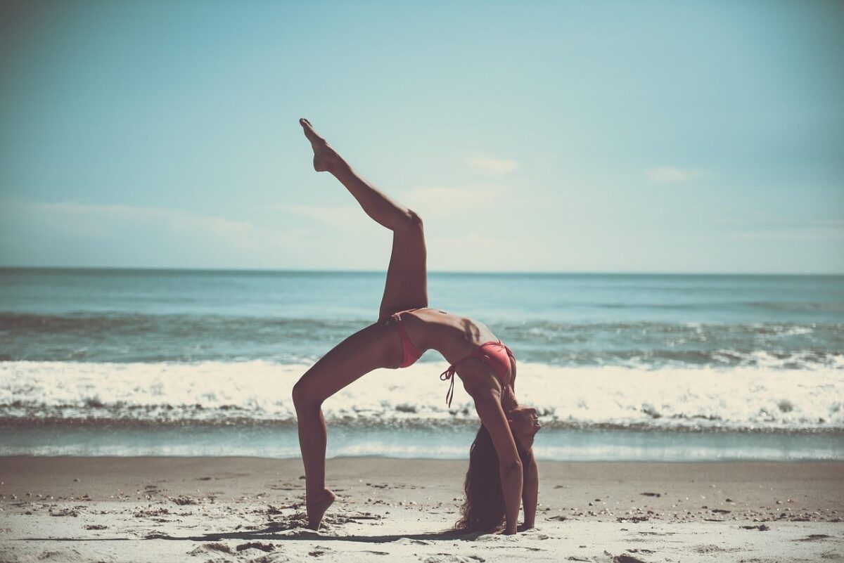 beach, yoga, athlete, sportive, nature, skinny, slim, ocean, woman, relaxation, sand, sea, seashore, tropical, water, exercise, stretching, flexible