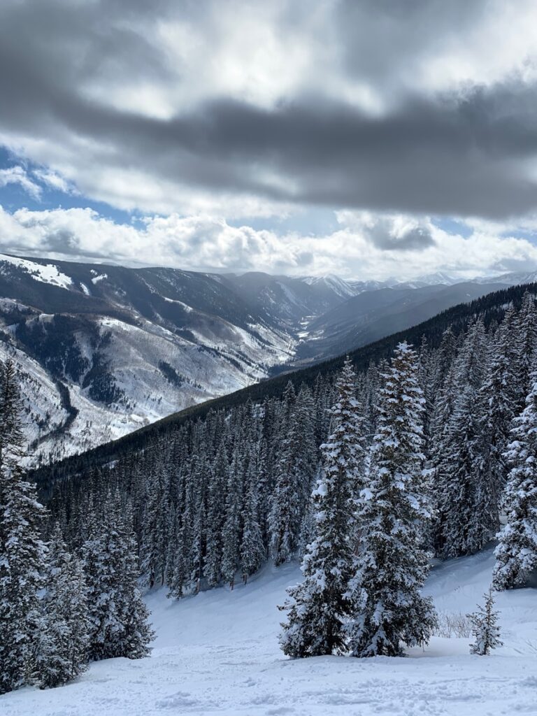 aspen, snow covered mountain under cloudy sky during daytime