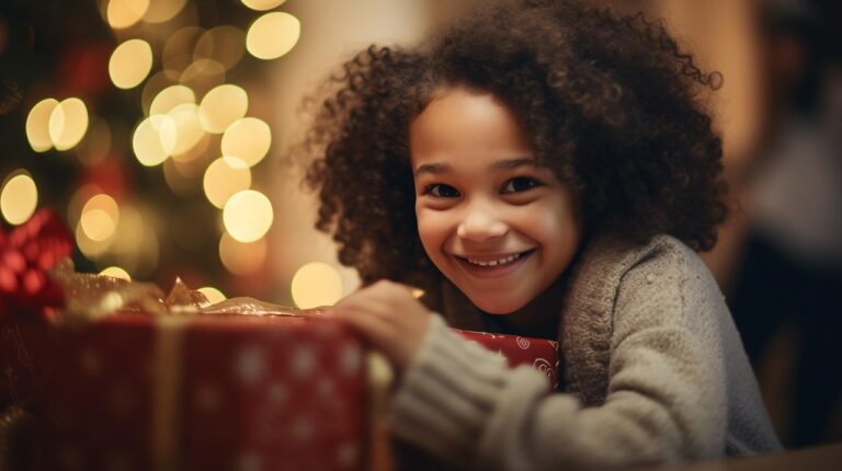 Christmas Gifts for Kids ai generated, christmas, little girl, kid, child, gift, present, happy birthday, box, holiday, decoration, ribbon, celebration, gold, ornament, golden, festive, surprise, bokeh