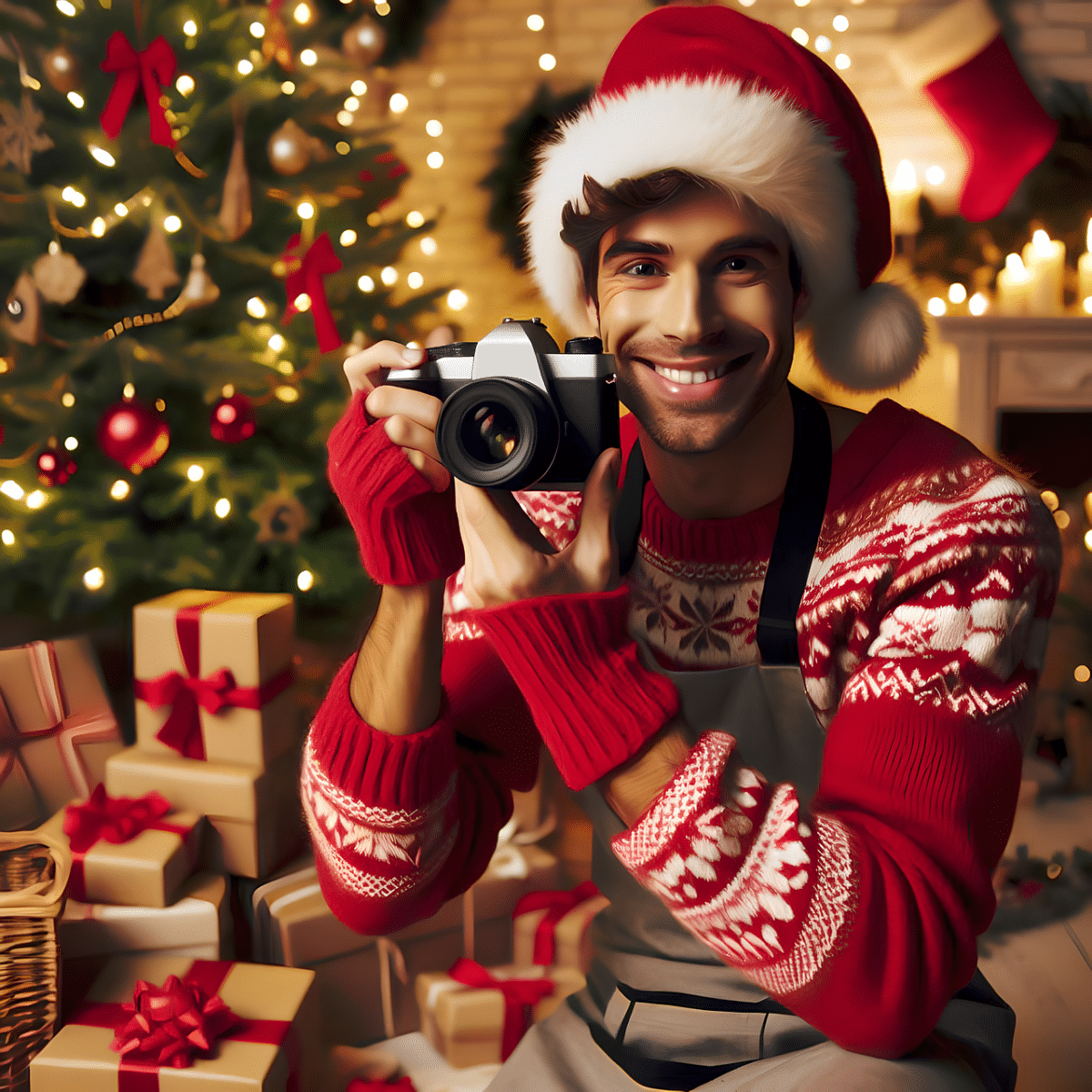 Christmas gift men ai generated, man, photography, christmas, festivity, gifts, christmas tree, smile, joy, serenity
