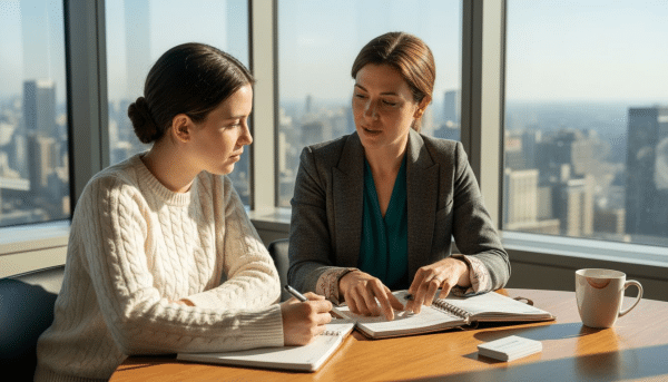 Two women mentorship meeting in corner office