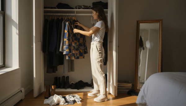 Woman choosing trendy clothes from open closet
