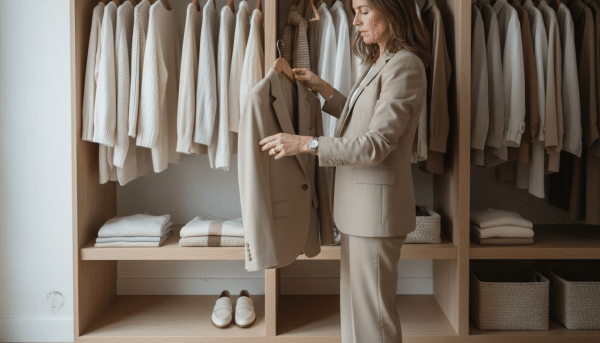 Woman organizing neutral quiet luxury wardrobe