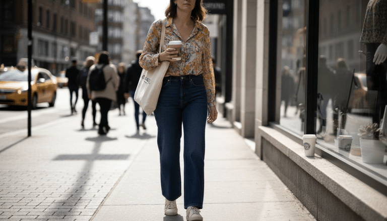 Woman expresses confidence in stylish outfit