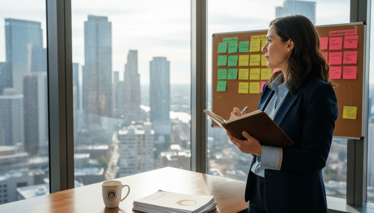Woman leader reviews checklist in corner office