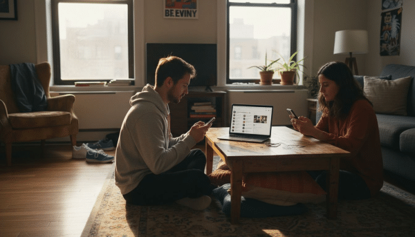 Young adults browsing social media at home