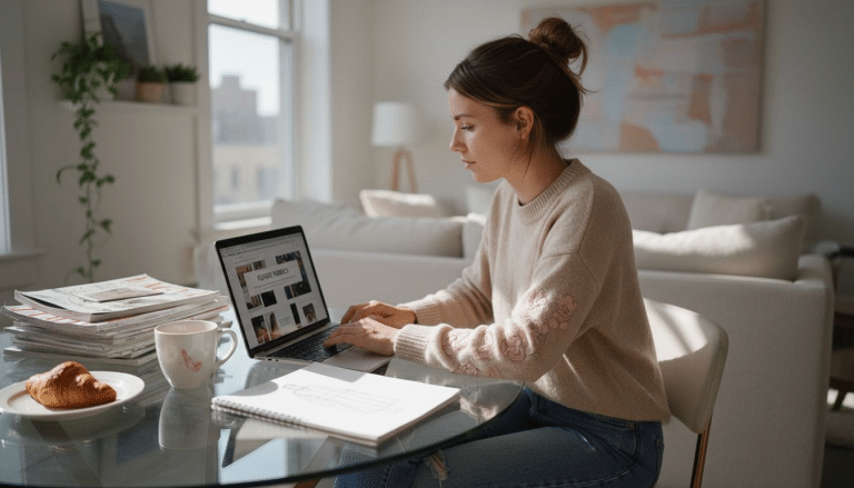 Woman searching fashion trend data workspace