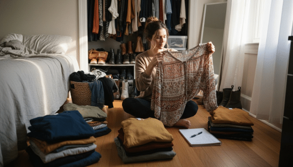 Young woman sorting clothes on bedroom floor