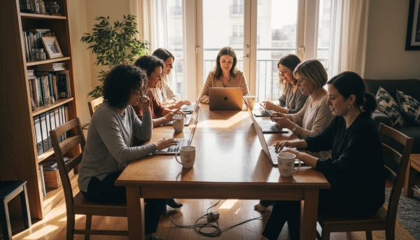 Women connecting online in casual living room