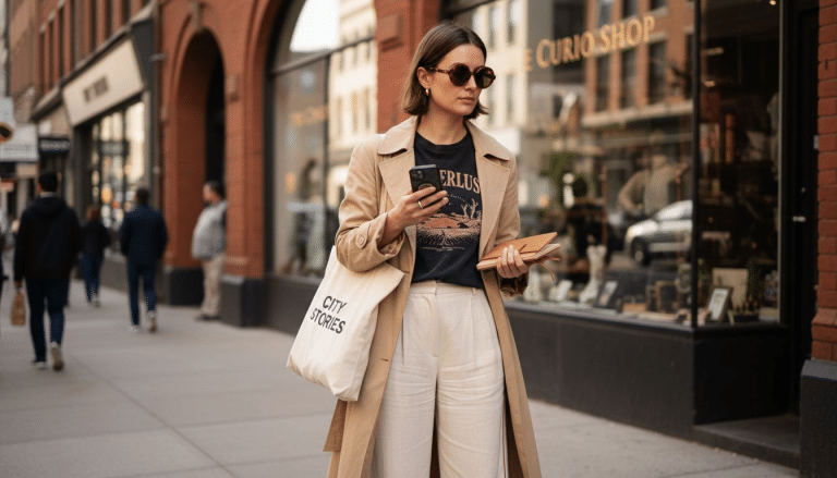 Woman in bold fashion outside boutique