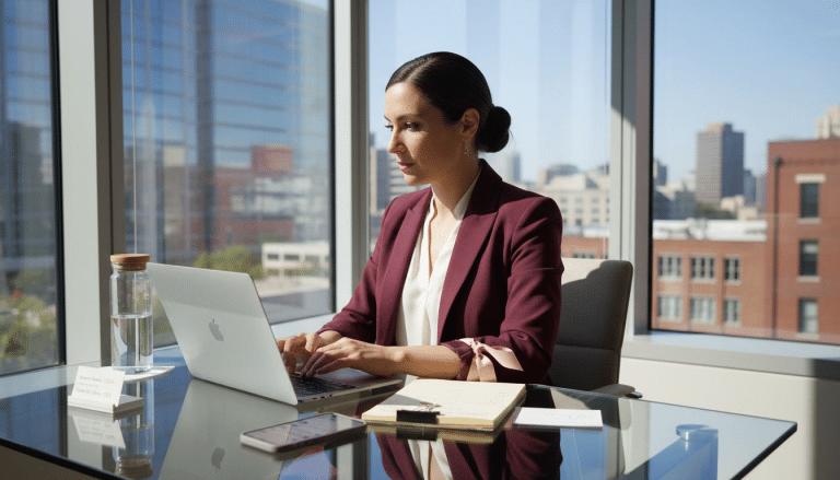 Empowered woman working in sunlit corner office