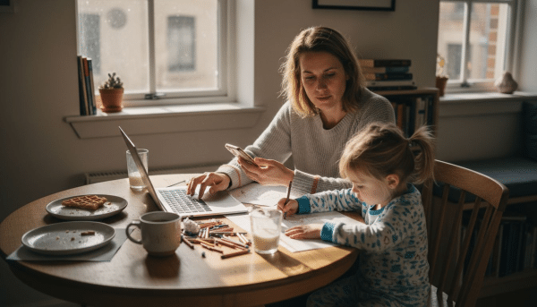 Woman working at home with child nearby