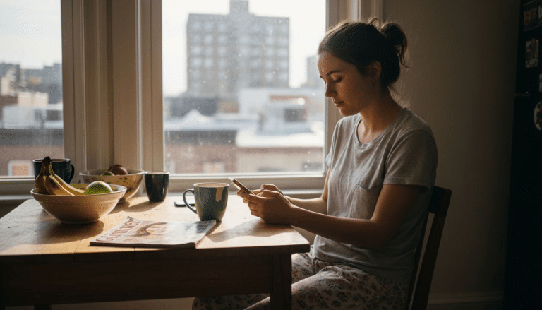 Woman engages with pop culture on phone at home