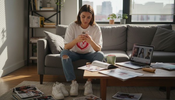 Woman browsing Instagram fashion in apartment