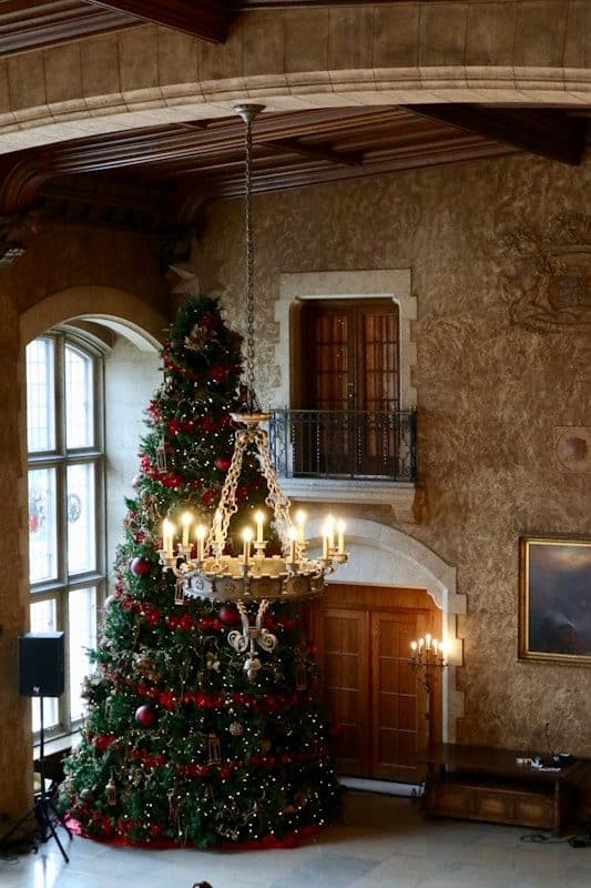 Christmas tree beside closed doors and near chandelier