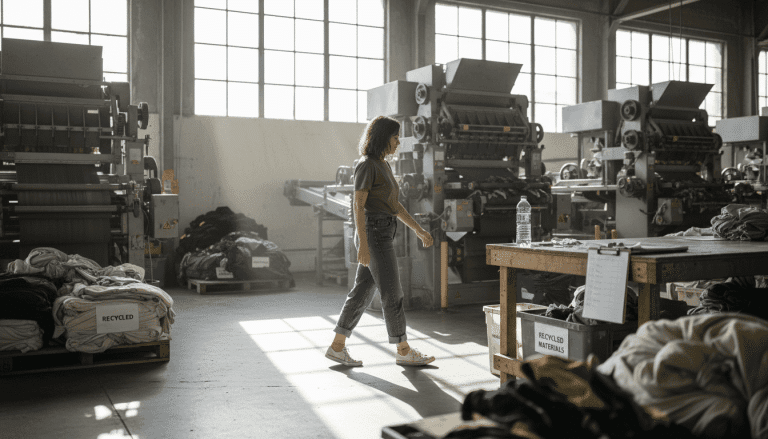 Woman walking in busy sustainable clothing factory