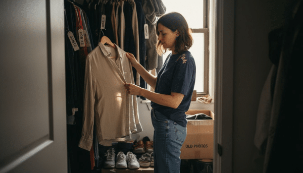Woman evaluating clothing in closet
