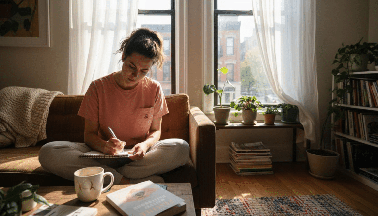 Young woman journaling goals in sunlit apartment