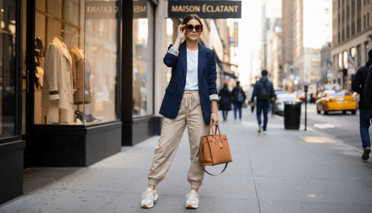 Woman blending luxury and streetwear outside boutique