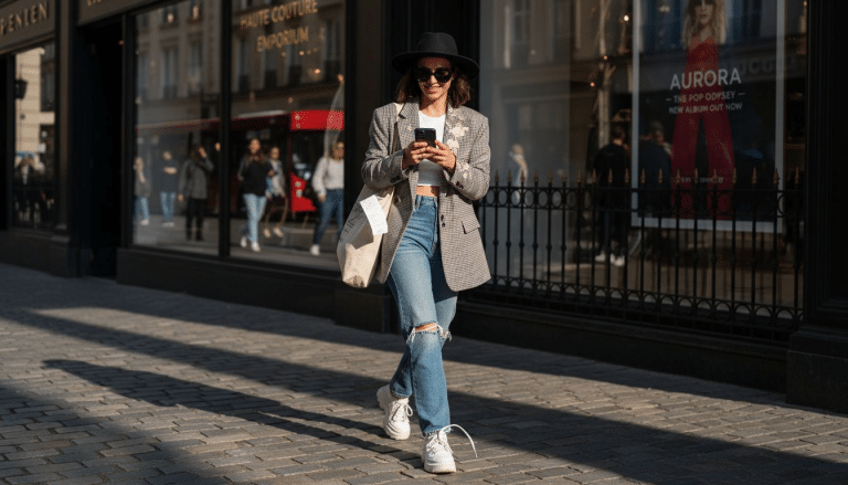 Woman in celebrity-inspired outfit on city street